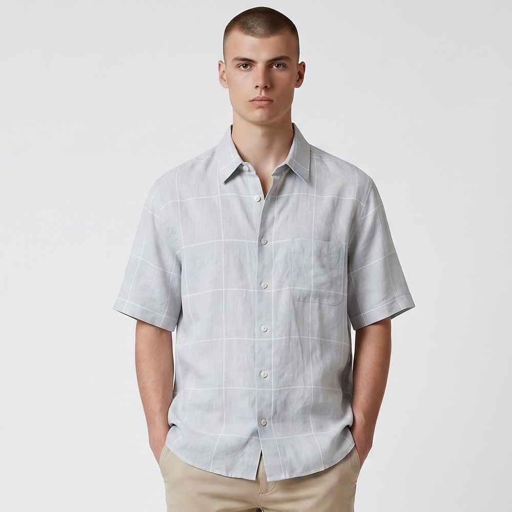 Gran Sasso Linen Shirt Mens Large‎ Blue Windowpane Short Sleeve Made In Italy